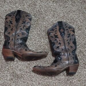 Corral Vintage Women's Cowgirl Boots Brown And Black Leather Pointed Toe Size 9
